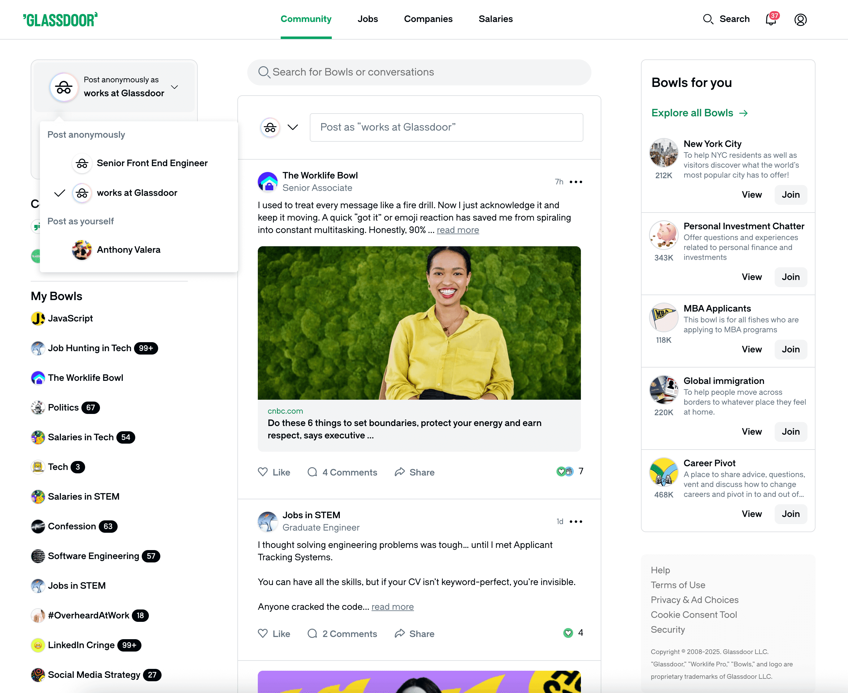A user's Glassdoor Community Home Page