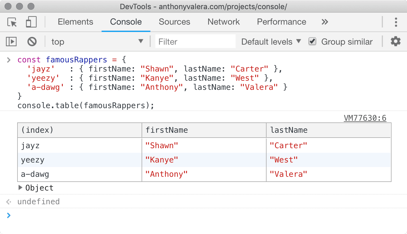 console.table example