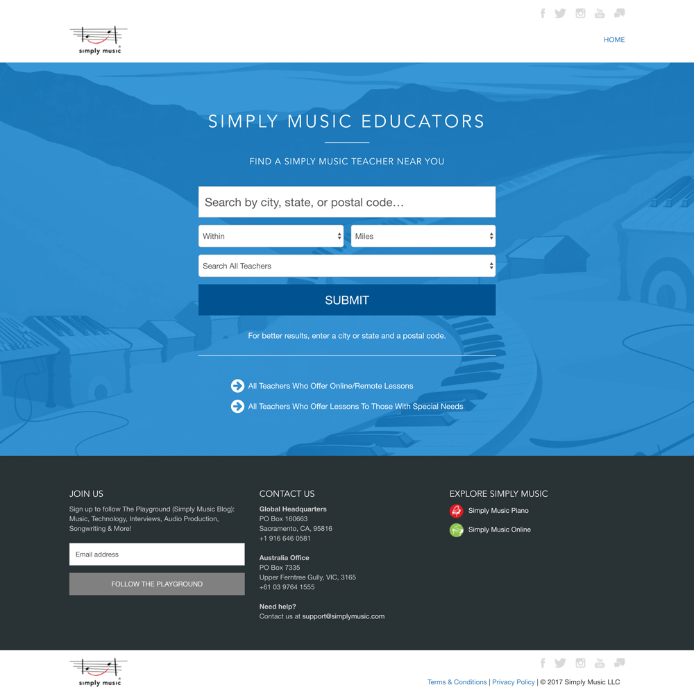 Landing page for finding Simply Music teacher locations